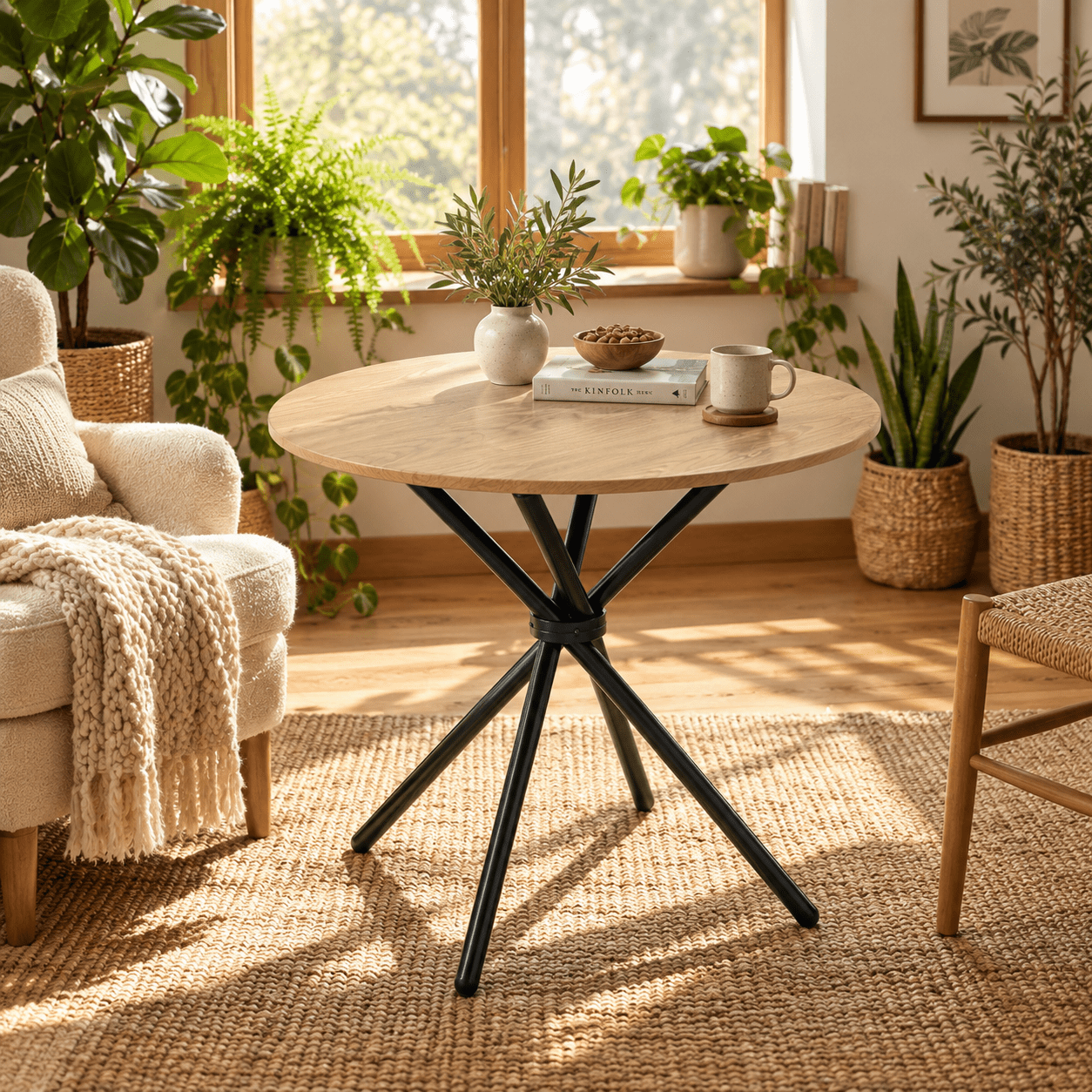 Homy Casa 31.5 in Round Dining Table for 2-4, Small Space Kitchen Table with Metal Legs, Golden Oak