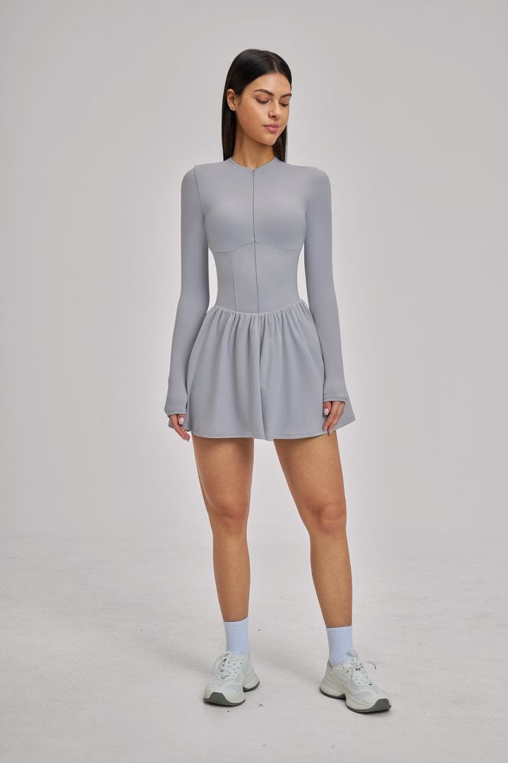 PISONIC Women Tennis Dress Long Sleeve Athletic Outfit with Built in Shorts Mini Golf Workout Dress with Pockets