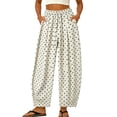 thumbnail image 2 of Women's Boho Polka Dot Trousers Summer Cotton Linen Elastic Waist Barrel Pants Loose Fit Casual Beach Pants White XL, 2 of 6
