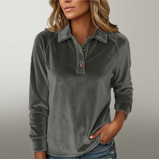 Karight Womens Vintage Velvet Blouse Long Sleeve Button Up Lapel Neck Henley Shirts Basic Solid Color Casual Winter Tops