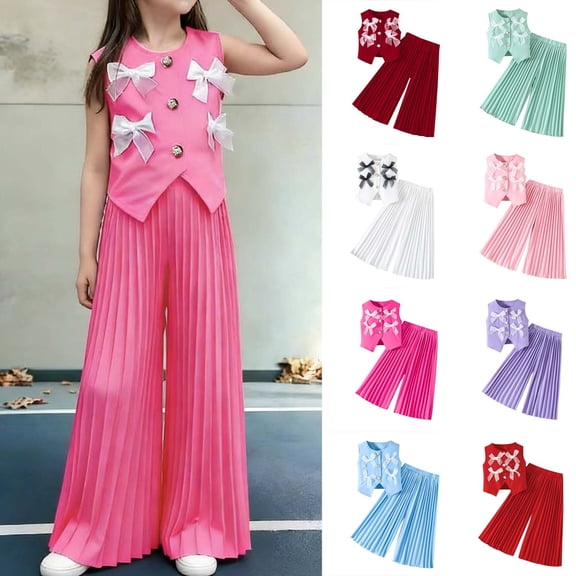 Hxshgdsn Girls Summer Fashion Outfit Set Single Breasted Sleeveless Blazer Vest Wide Leg Long Pants Casual Dressy White 2-3Years