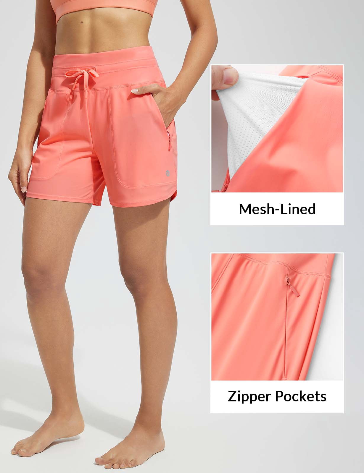 BALEAF Women's Swim Board Shorts High Waisted Quick Dry UPF 50+ Modest Swimsuits 2025 Swimming Bottoms with Boxer Liner Zipper Pockets Pink 2XL
