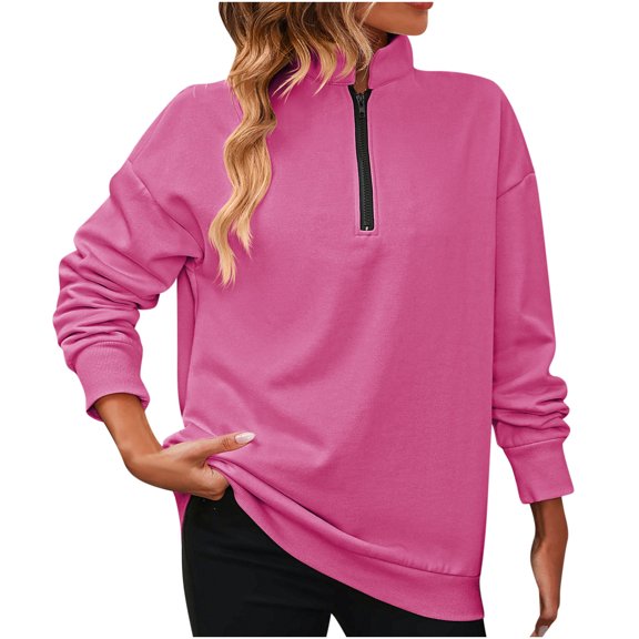 XFLWAM Women Half Zip Oversized Sweatshirt Lightweight Long Sleeve Trendy Fleece Pullover Workout Warm Tops With Pocket Hot Pink XL