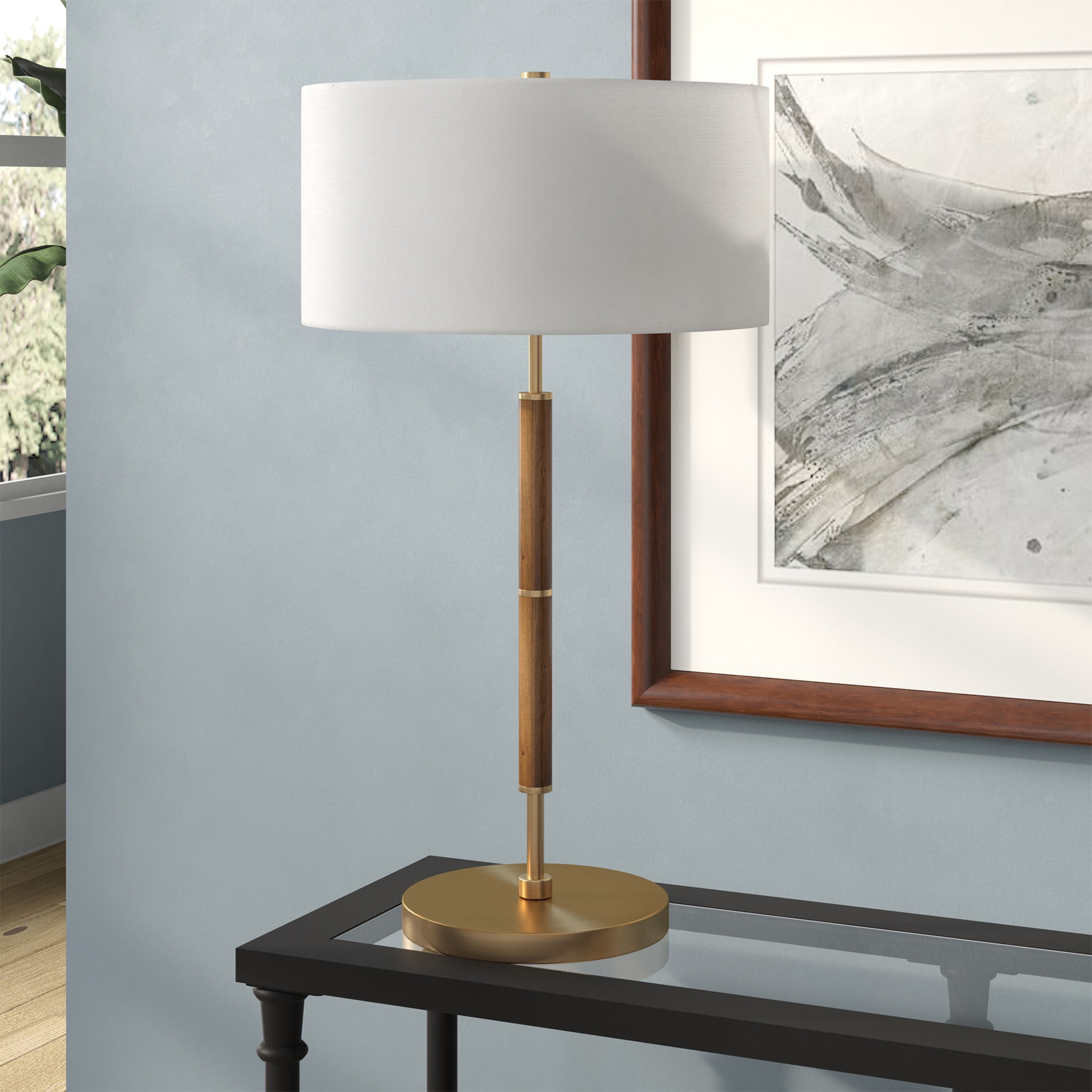 Evelyn&Zoe Simone 25" Tall 2-Light Table Lamp with Fabric Shade, Rustic Oak/Brass/White