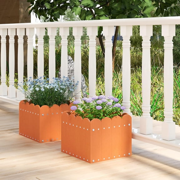 Set of 2 Raised Garden Bed, Weather-resistant HDPE Planter Boxes with Drain Gaps, Square Flower Pots for Vegetables, Flowers, Fruits, Plant Raised Beds for Front Porch, Garden, Balcony, Orange