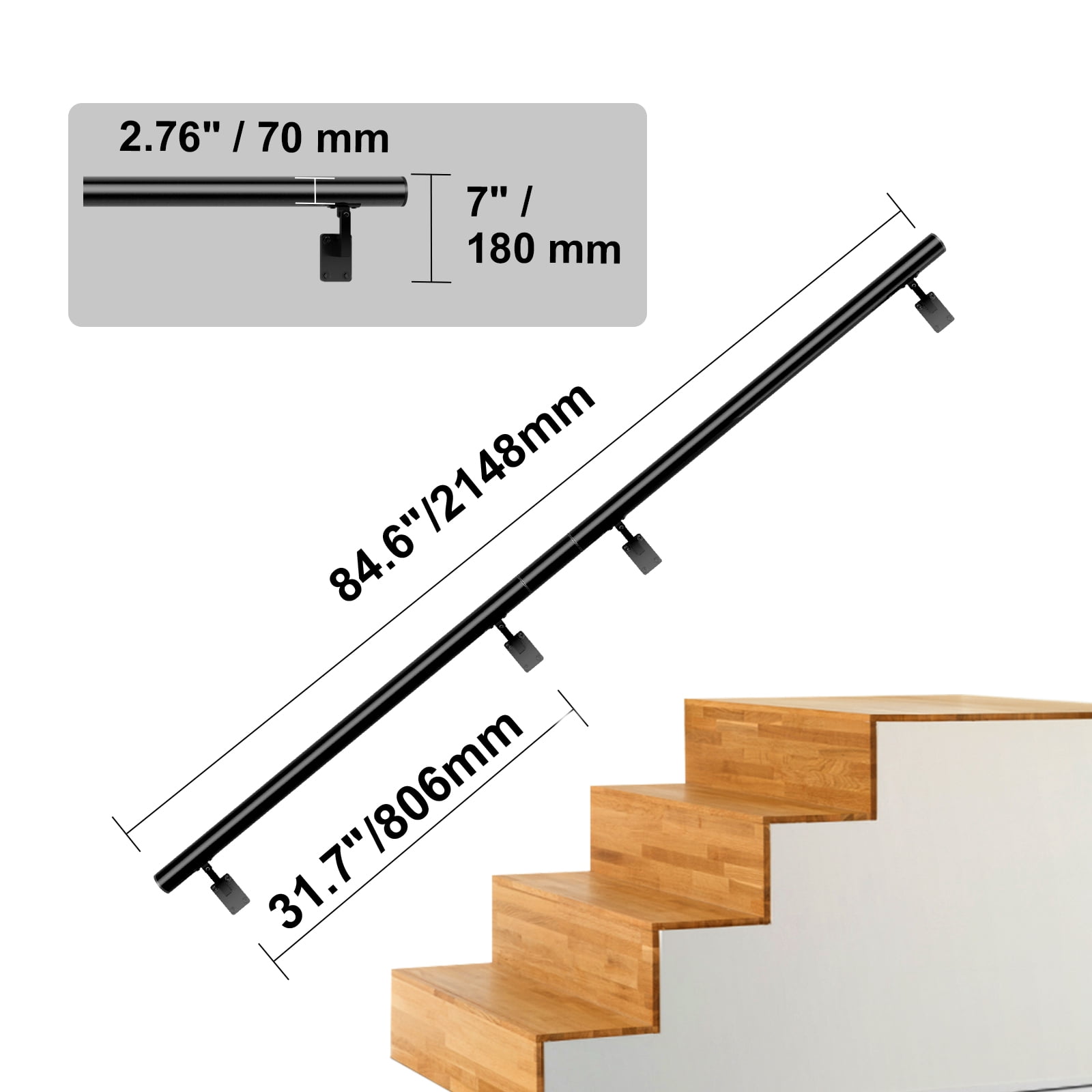 BENTISM 7 ft Wall-Mount Handrail Stair Railing Aluminum Alloy w/ Installation Kit