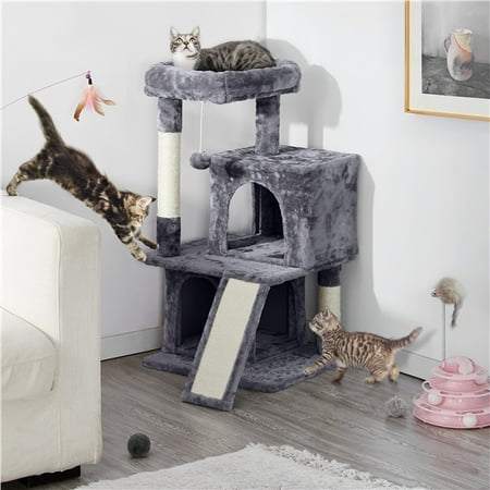 Topeakmart 36'' H Cat Tree Tower Cat House with Double Condos Scratching Posts Sisal Rope Furry Ball for Cats and Kittens, Dark Gray