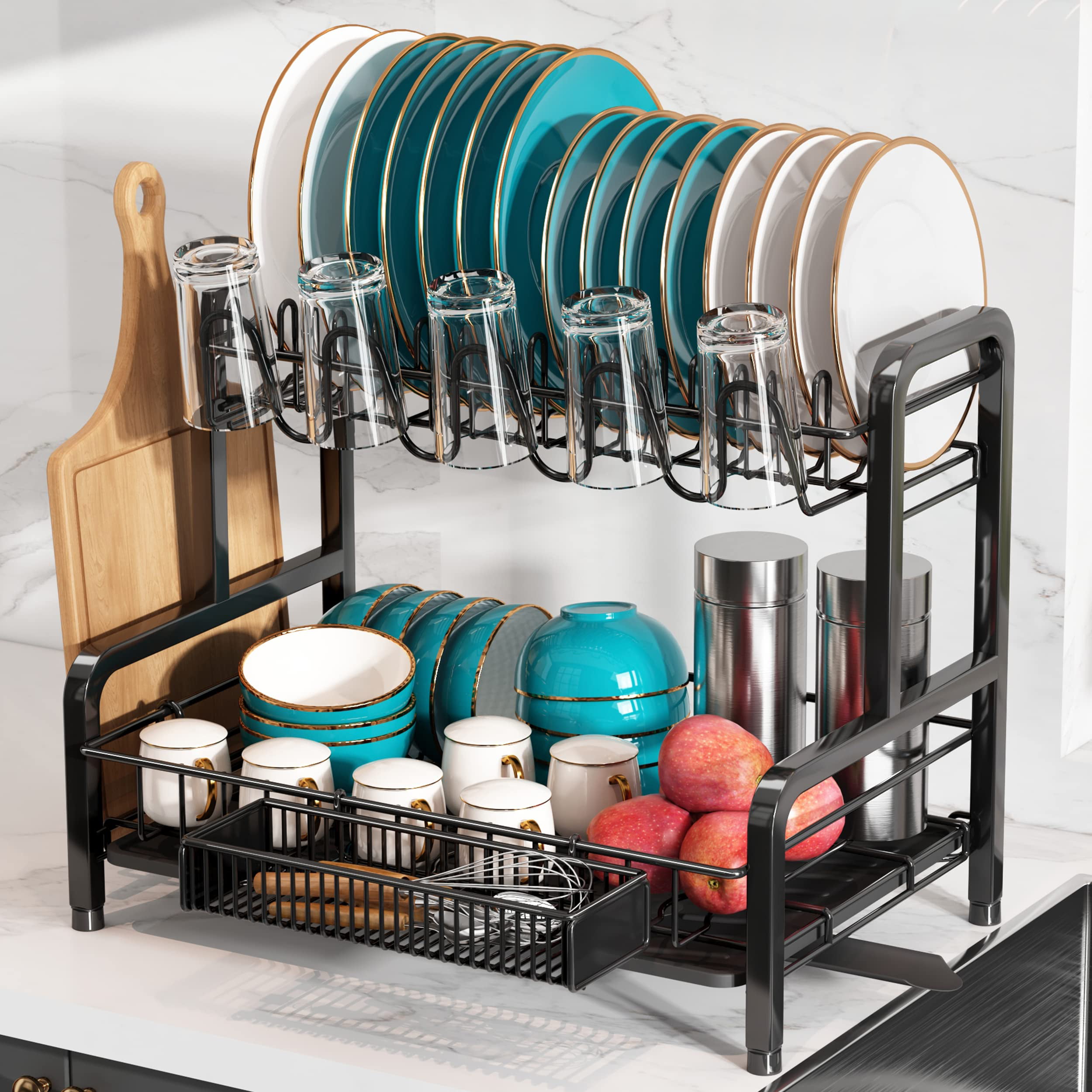 Dish Drying Rack For Kitchen Counter, Large Dish Strainer With Drainboard  Set For Sink, 2-tier Dish Drainers With Utensil Holder, Cups Holder, Home  Kitchen Supplies, Black - Temu