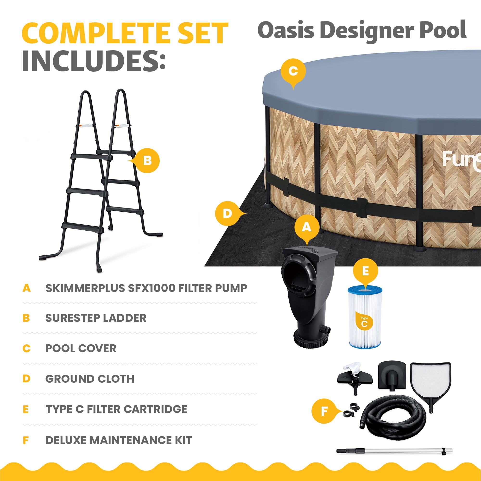 Funsicle 14ft x 42in Round Oasis Designer Above Ground Pool, Oak Herringbone with SkimmerPlus Filter Pump, Age 6 & up
