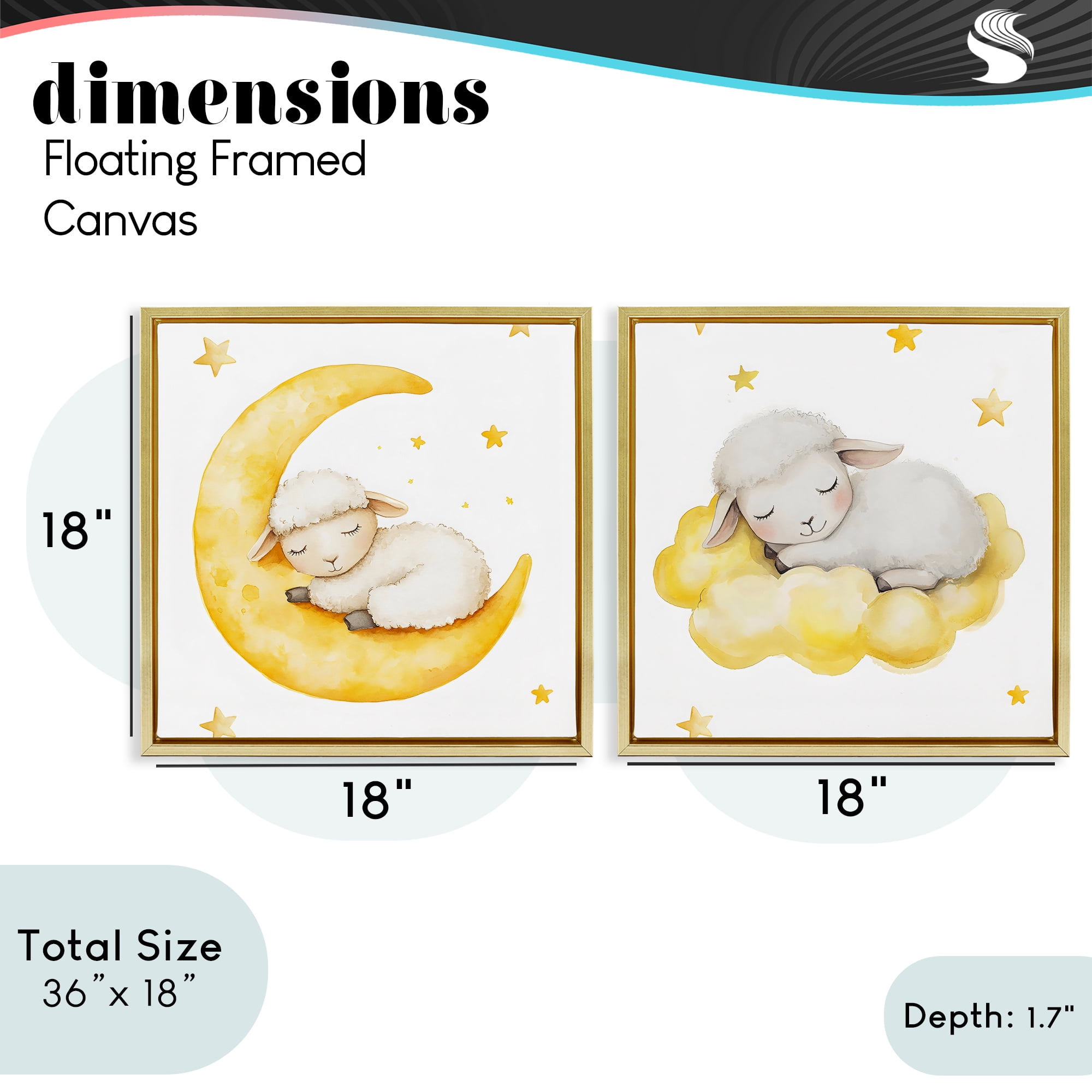 Stupell Industries Sleeping Sheep Cloud and Moon 2 Piece Gold Framed Floater Canvas Set, design by LSR Design Studio
