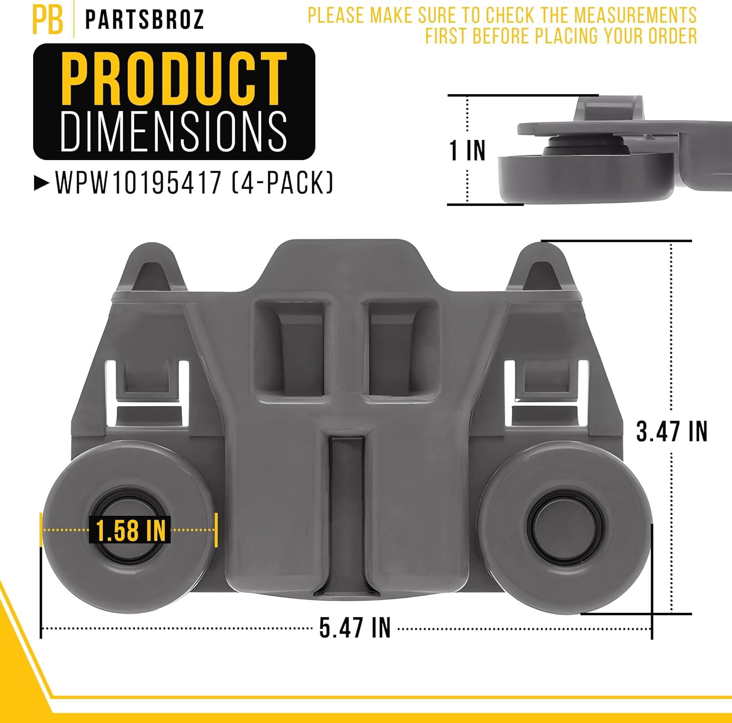 Lower Dishrack Wheel Assembly WPW10195417 (4-Pack) - Compatible With Whirlpool Kenmore Kitchenaid Dishwasher - Replaces W10195417 AP6016764 PS11750057 KDTE104ESS1 KDTE104DSS1 KDFE104DSS2