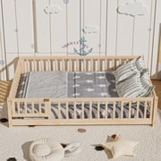 Queen Floor Bed Frame for Toddler, Montessori Floor Bed with Fence and Wood Slats for Girls Boys Kids Happy Time,Natural