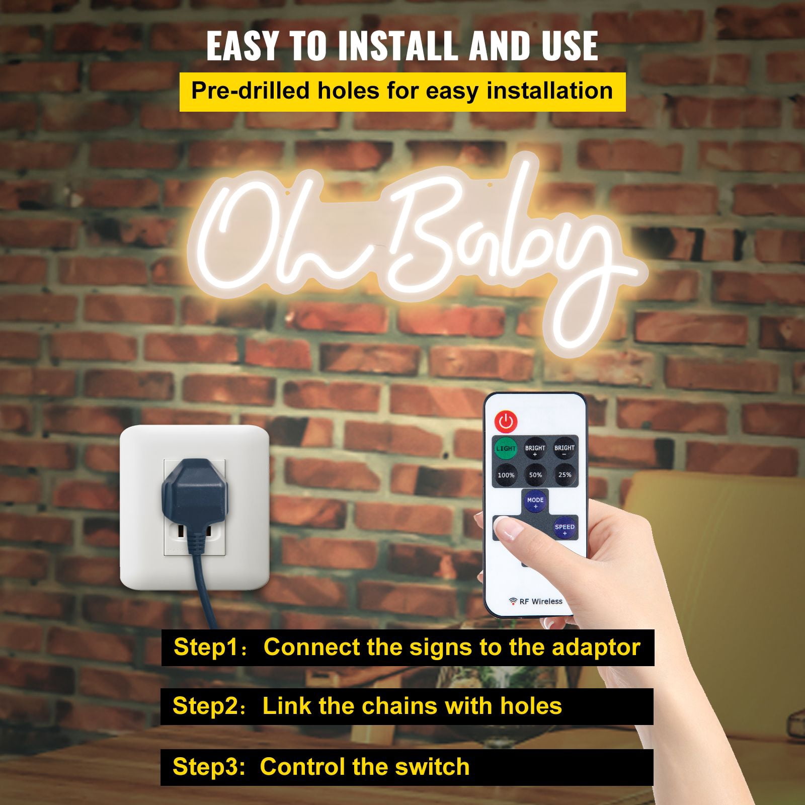 Oh Baby Neon Sign, 23.5x12 Inch LED with 4 Flash Modes, Dimmable 10%-100%, Remote Control, Silicone Material, Energy Saving for Baby Shower Gender Reveal Decor