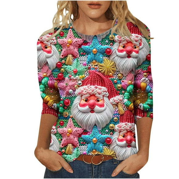 Christmas 3/4 Sleeve T Shirts for Women Ugly Xmas 3D Graphic Crewneck Tops Funny Family Holiday Casual Dressy Blouses
