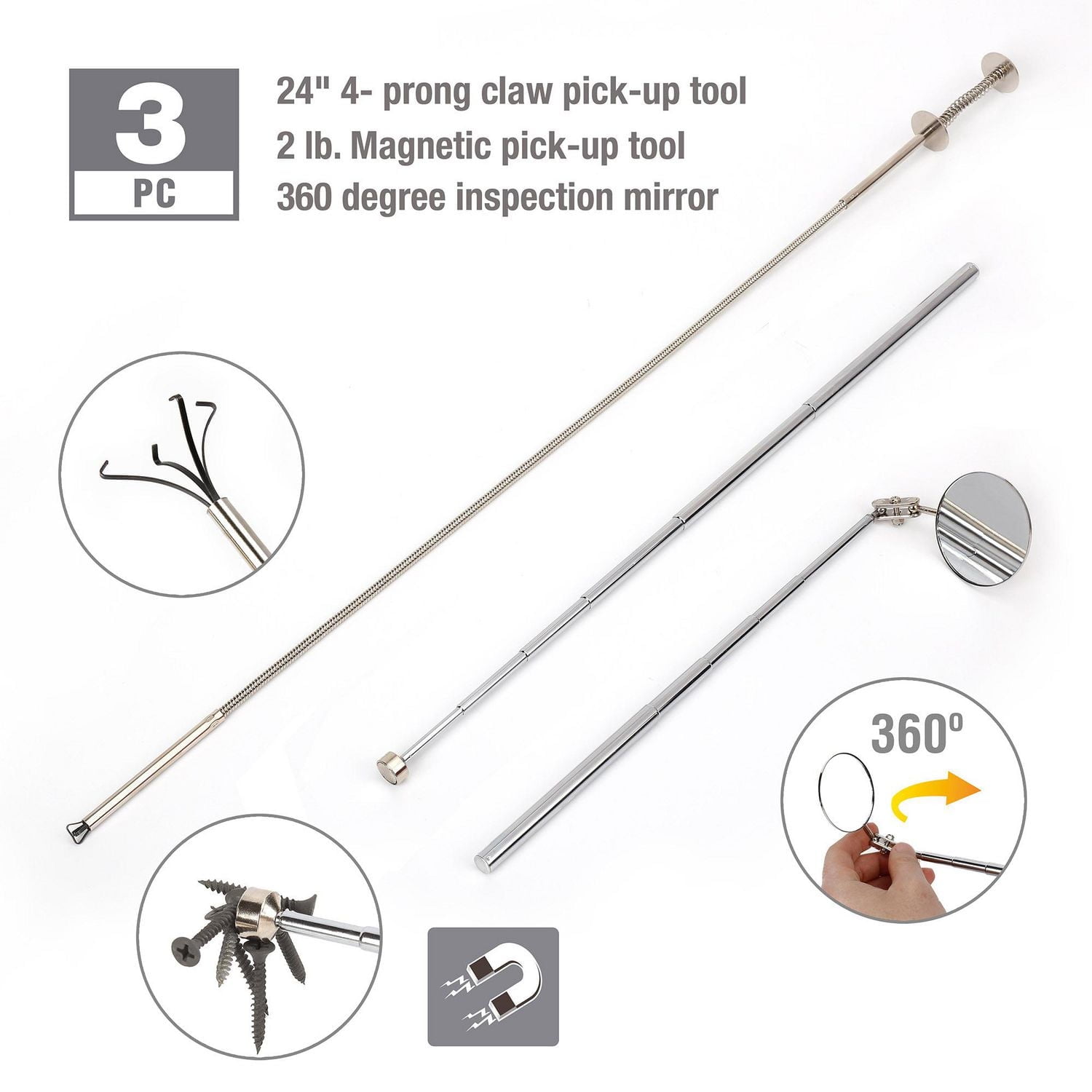 WorkPro 3 Piece Magnetic Pick-Up and Retrieval Tool Set, Extensionable