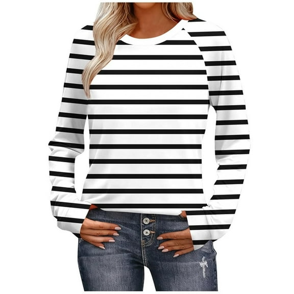 Women Stripe Tops Shirts Long Sleeve Regular Fit Clothing Crewneck Pullover Trendy Dressy Clothes Fall Fashion Top Basic Outfits