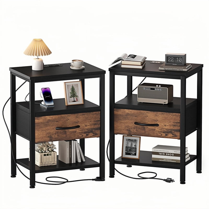 Kelno 2PCS Nightstand with Fabric Drawer Charging Station USB TypeC Outlets Small Bedside Table with Adjustable Shelf, Black Brown