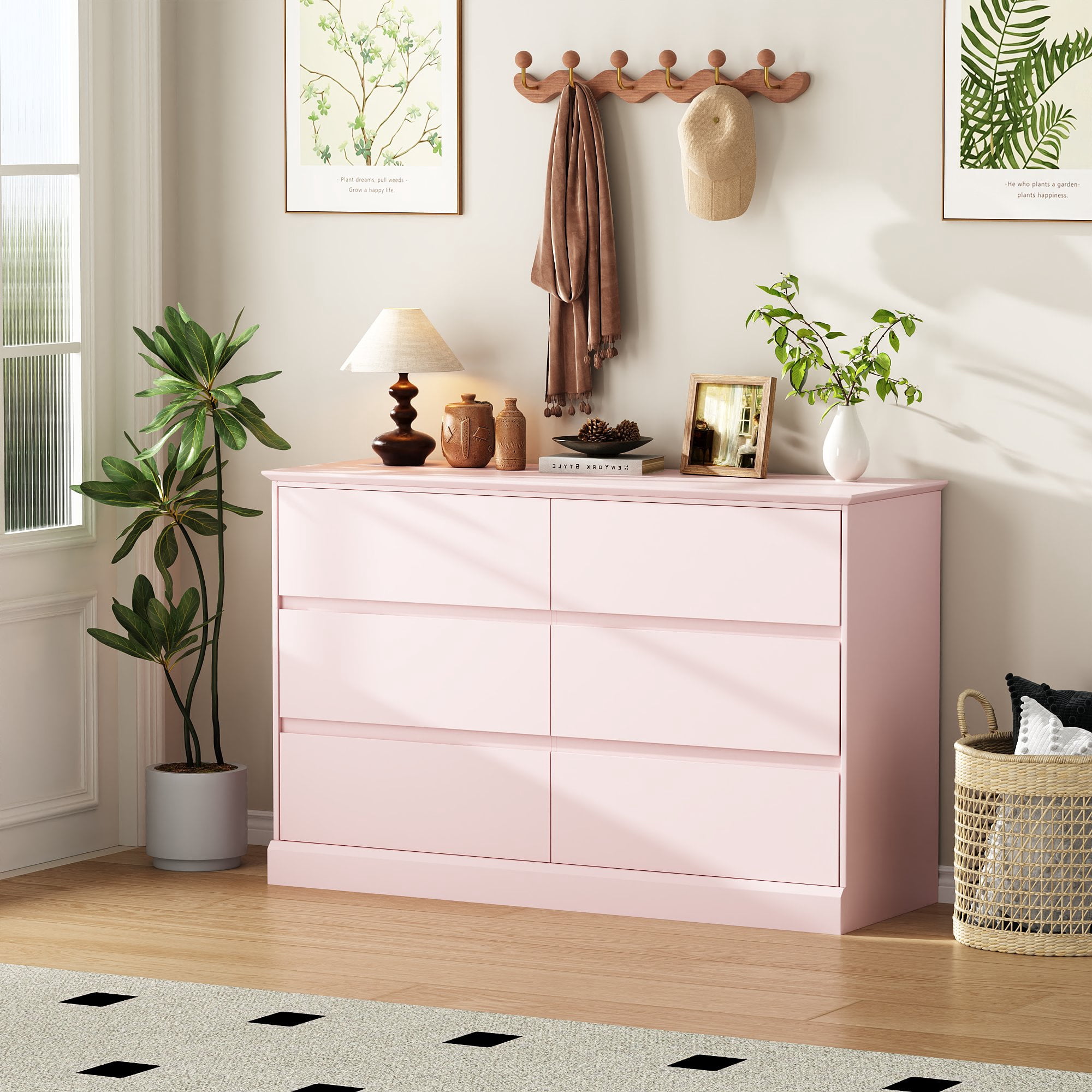 6 Drawer Dresser for Bedroom, White Dresser Double Chest of Drawers, Modern Wood Dressers with Deep Drawers for Living Room,Pink