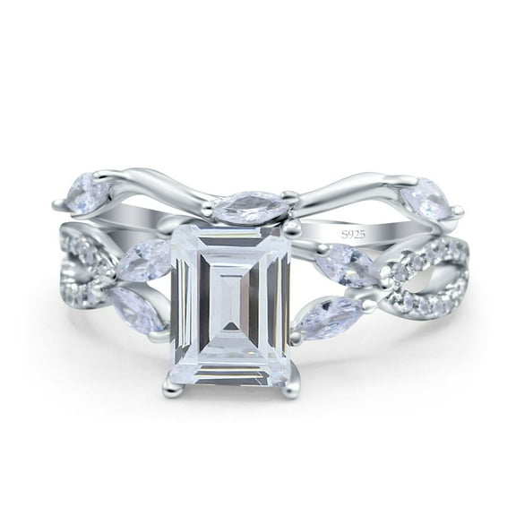 Two Piece Art Deco Emerald Cut Wedding Bridal Ring CZ 925 Sterling Silver Size 5