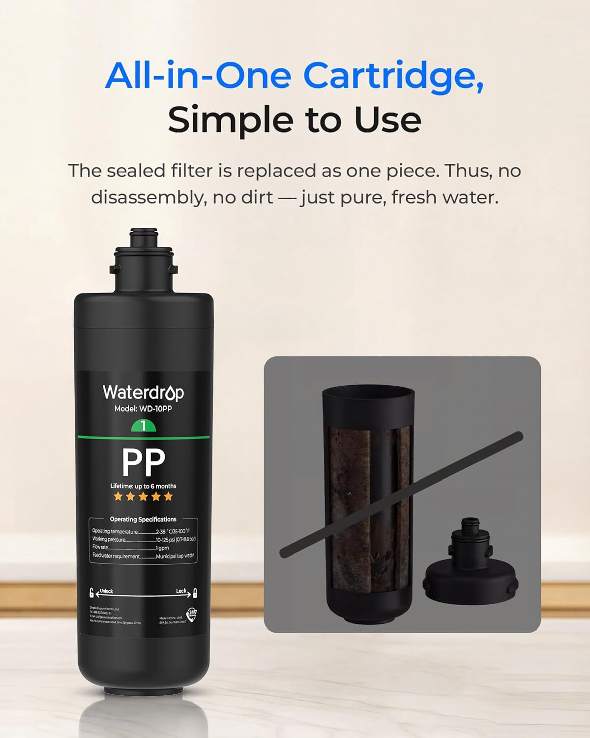 Waterdrop WD-10PP Under Sink Water Filter, Replacement TSA & TSB 3-Stage Under Sink Water Filter System