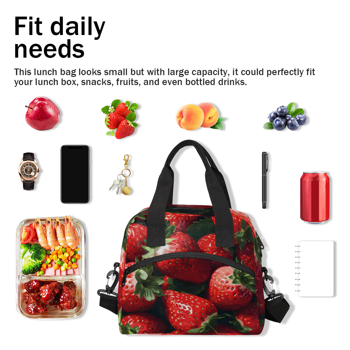 Herdesigns Fresh Strawberries Insulated Lunch Bag for Women Men Adults Large Reusable Lunch Box Leakproof Portable Cooler Tote Bags with Adjustable Shoulder Strap