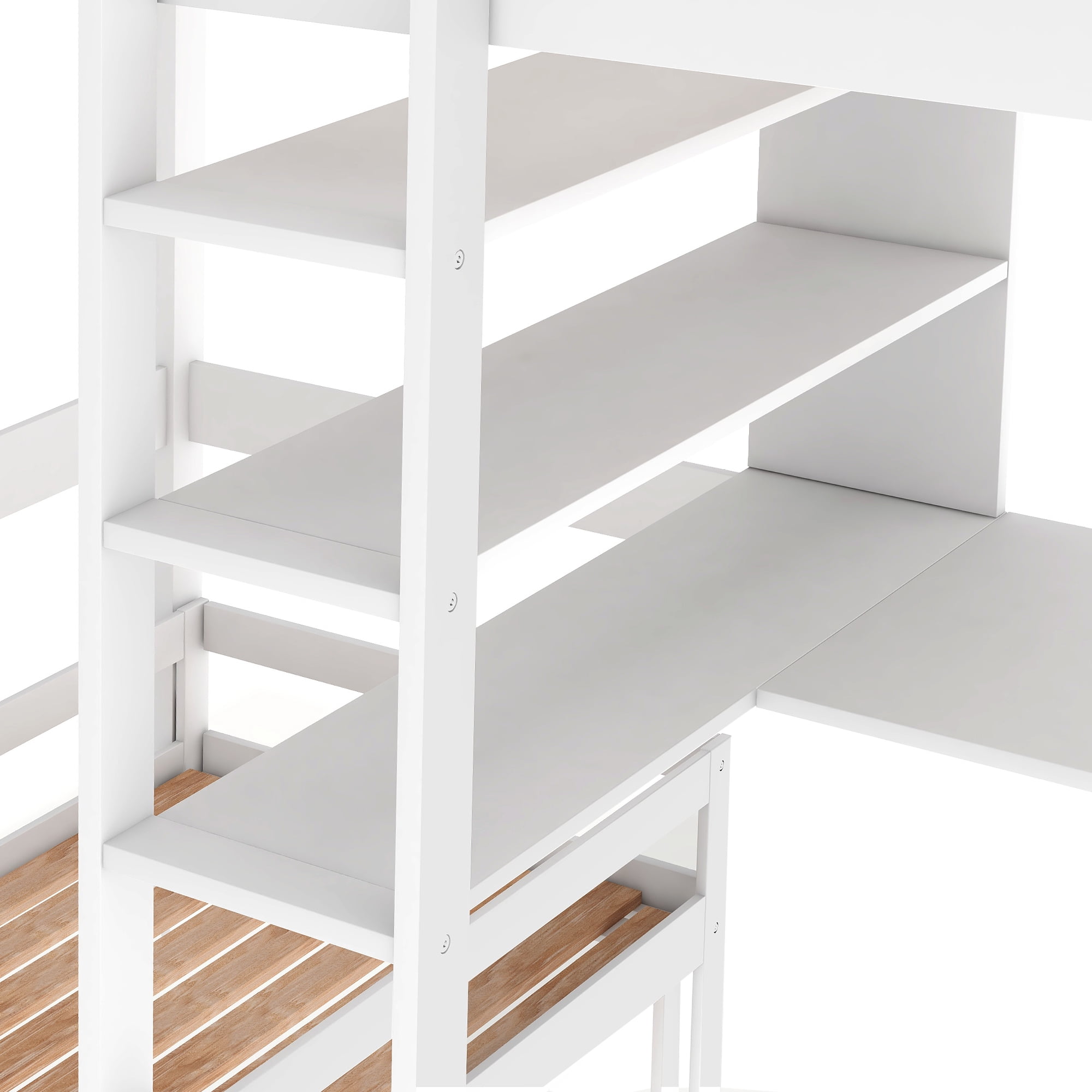 Private Jungle Twin Over Full Wood Folding Loft Bunk Bed w/Corner Desk, Convertible to Square Seat