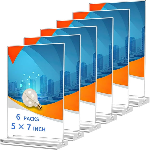 Acrylic Sign Holder 5x7, 6 Pack Clear Table Double Sided Clear Table Menu Vertical Display Stand Desktop Display Stand Paper Holder