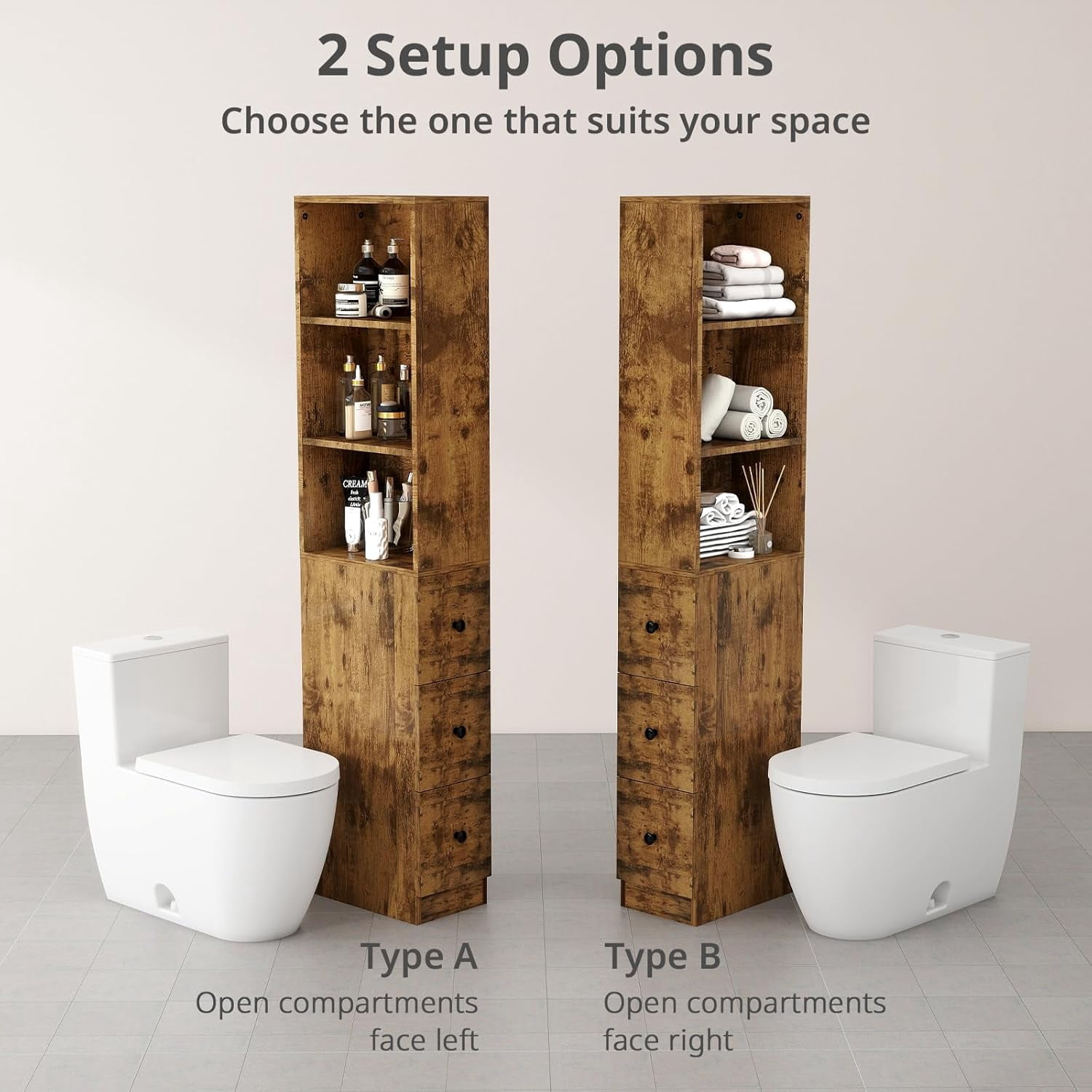 Storage Cabinet Tall Narrow Bathroom Organizer with 3-Level Adjustable Shelves Slim Free Standing Space Saver for Living Room Kitchen, Rustic