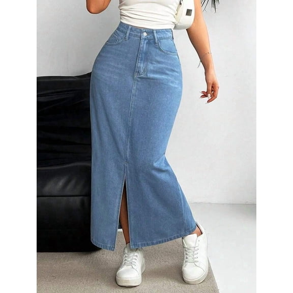 Womens Blue High Waist Slim Fit Split Denim Midi Skirt