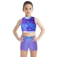 thumbnail image 3 of MSemis Kids Girls Shiny Sequins Outfits Cropped Tops with Glossy Shorts Purple Fish Scales 8, 3 of 6