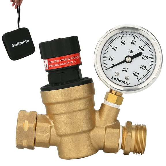 Solimeta Handle Adjustable Lead-Free Brass RV Pressure Regulator, Pressure Reducer With Liquid Filled Pressure Gauge 160psi and Inlet Screened Filter For Camper, Trailer, RV, Garden, Plumbing System