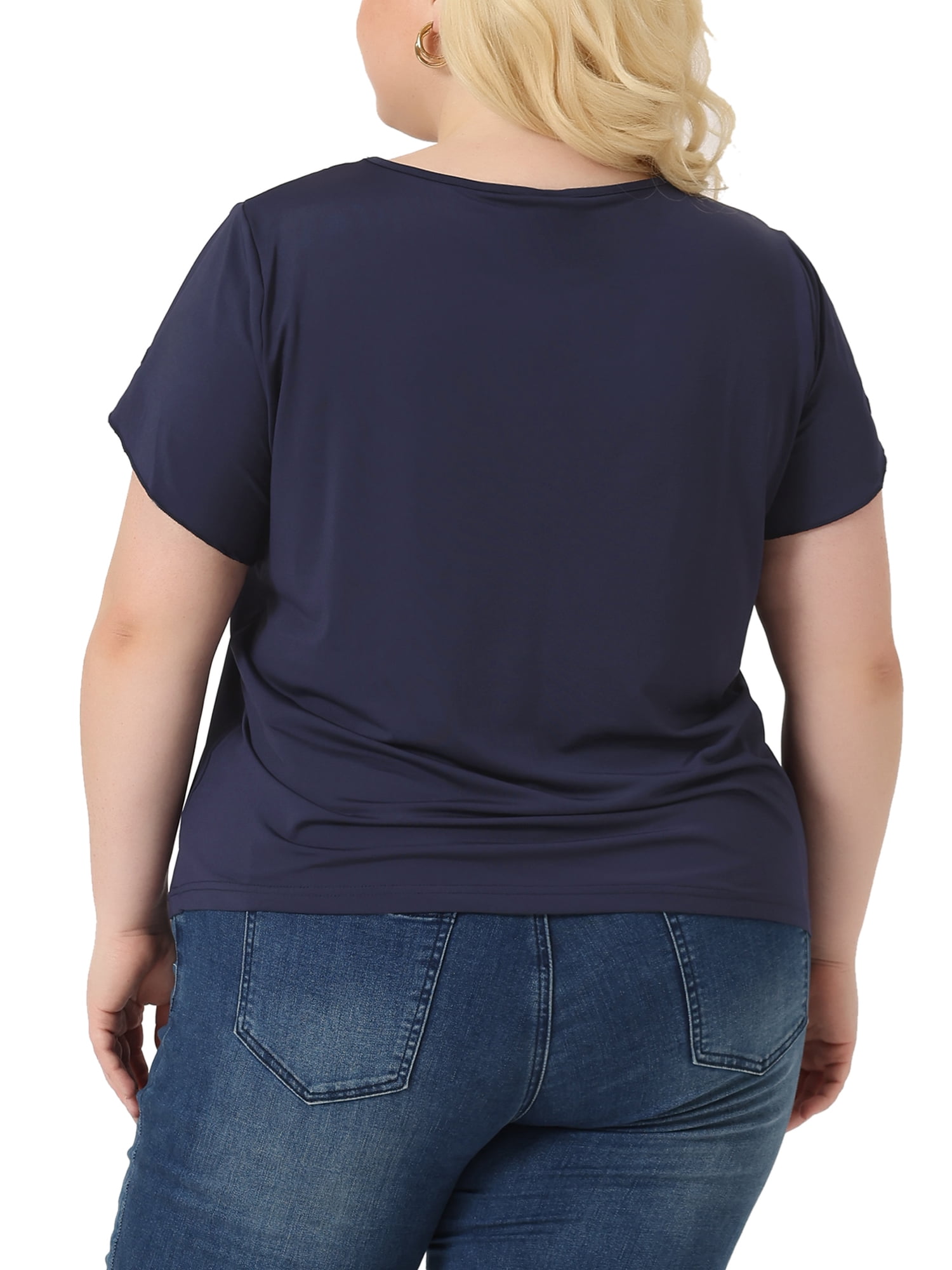 Unique Bargains Women Plus Size Casual Lace V Neck Short Sleeve Tunics Blouses Navy Blue 4X