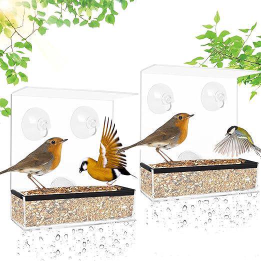 Bird Feeder for Windows, 2 Pcs Acrylic Outdoor Window Bird Feeder with 6 Suction Cups, Transparent with Removable Tray Bird Feeder for Sparrows, Wild Birds