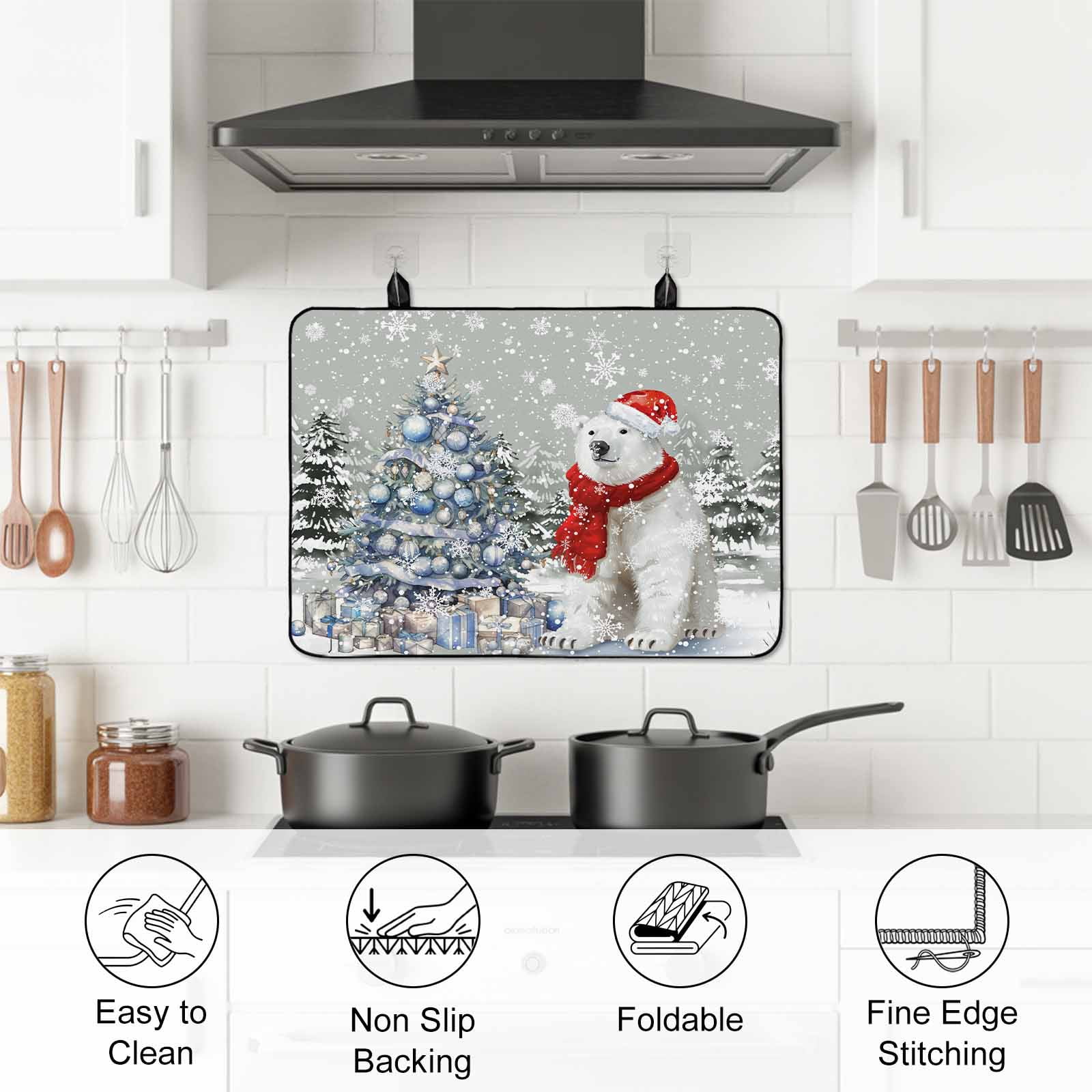 Gray Bear Christmas Stove Top Cover for Electric Stove, Heat-proof & Non Slip Glass Top Stove Cover Protector, Xmas Tree Snowflake Kitchen Flat Cooktop Rubber Mat 24x21 Inches