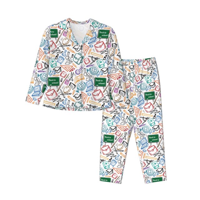 Fotbe Back To School Conjunto de Pijama de Manga Larga para Mujer con Estampado, Ropa de Dormir de 2 Piezas, Conjunto de Casa Suave y Cómodo con Bolsillos-Large