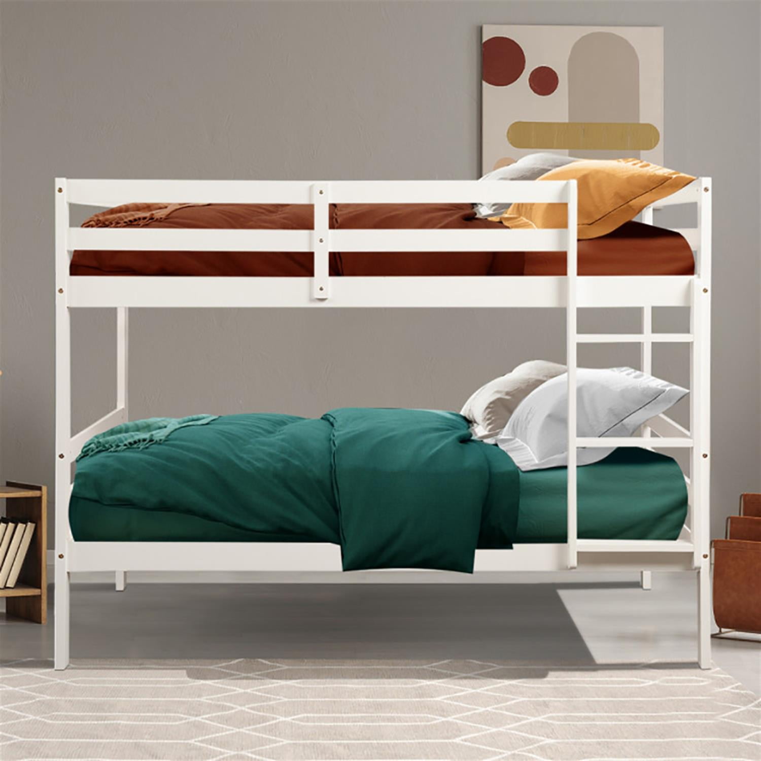 Demi Bonn Twin Size Over Wood Bunk Bed with Ladder and Safety Rail, Twin Sturdy Bunk Beds, White