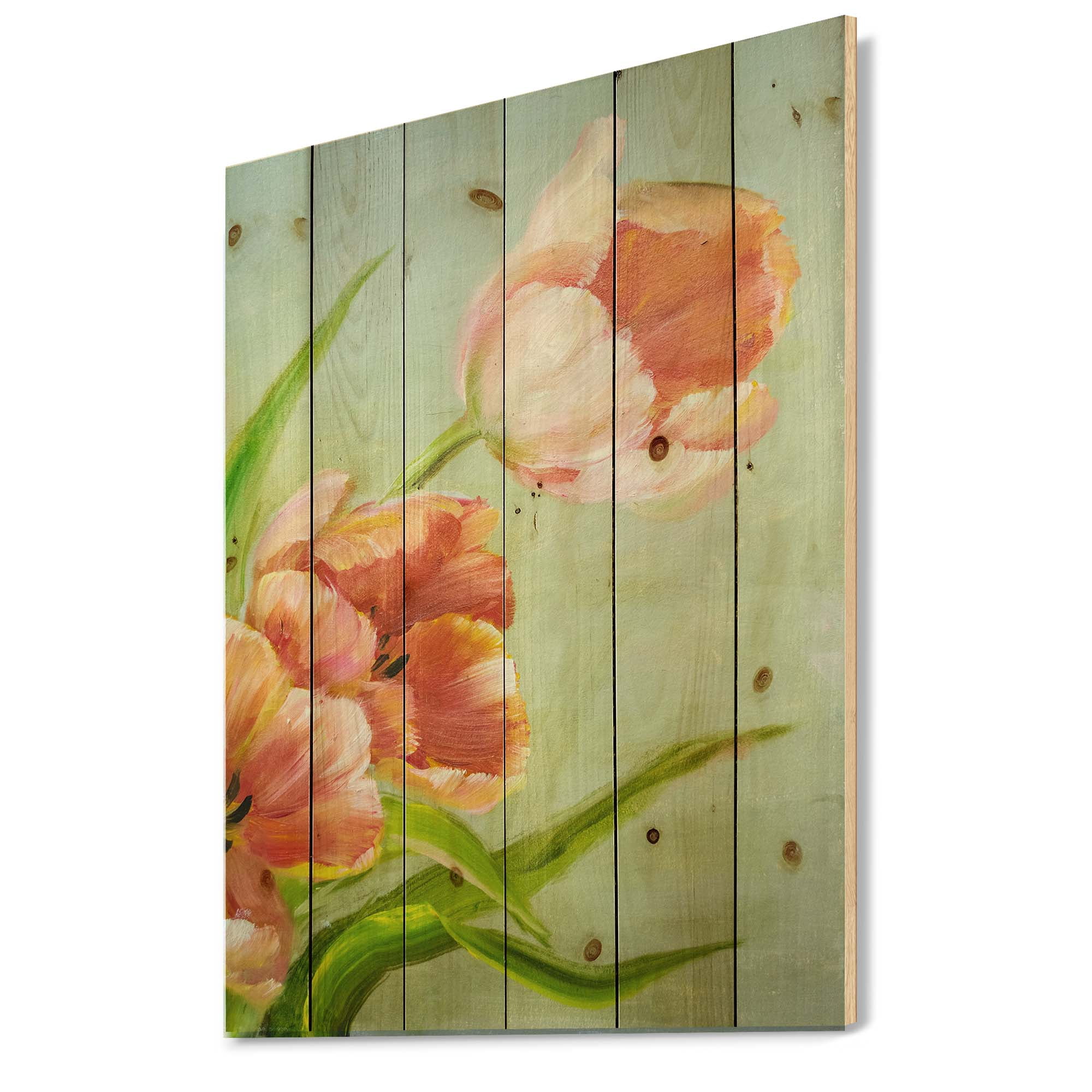 Designart 'Ancient Red Tulips Flowers I' Traditional Print on Natural Pine Wood