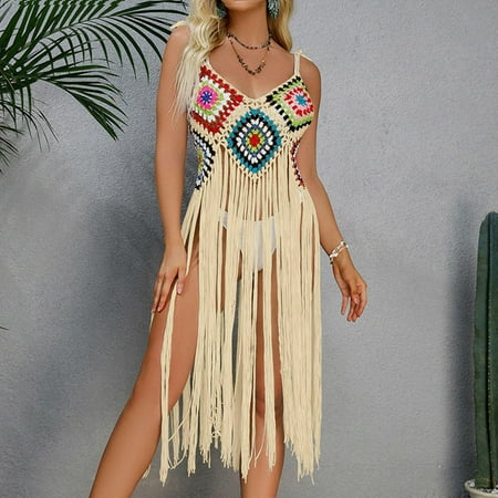 DondPO Swimsuit Coverup for Women Beach Cover Ups Womens Sexy Tassel Beach Mid Length Skirt Flower Block Beach Bikini Cover Up Clothing Womens Swimsuits Beach Dresses for Women Beige One Size