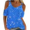 thumbnail image 2 of Pincandy Women's Fashion Casual Print Summer Cold Shoulder Tops Short Sleeve T Shirts Pullover Sexy Casual Dolman Blouses,Blue,M, 2 of 5