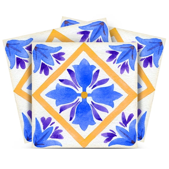 Mi Alma Vinyl Peel and Stick Flower L03 Backsplash Tile Stickers Easy To Install , Blue/Orange, 4" x 4" (24-Pack)