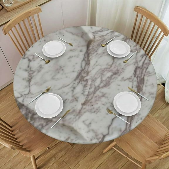Qinduosi Indoor Outdoor Patio Round Fitted Vinyl Tablecloth, Flannel Backing, Elastic Edge, Waterproof Wipeable Plastic Cover, Beige Marble Pattern for White