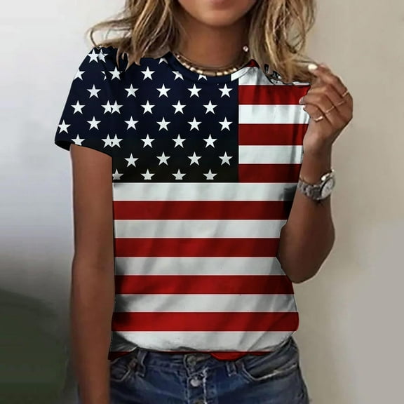 VKOYWKM USA Flag Tshirts Shirts for Women Short Sleeve Patriotic Top American Flag Stars and Stripes Graphic T Shirts Patriotic Crew Neck Independence Day Tees