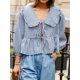 thumbnail image 4 of Elippeo Women's Summer Sweet Shirt Plaid Print Lantern Long Sleeve Doll Collar Bow Tie-Up Front Loose Peplum Tops, 4 of 8