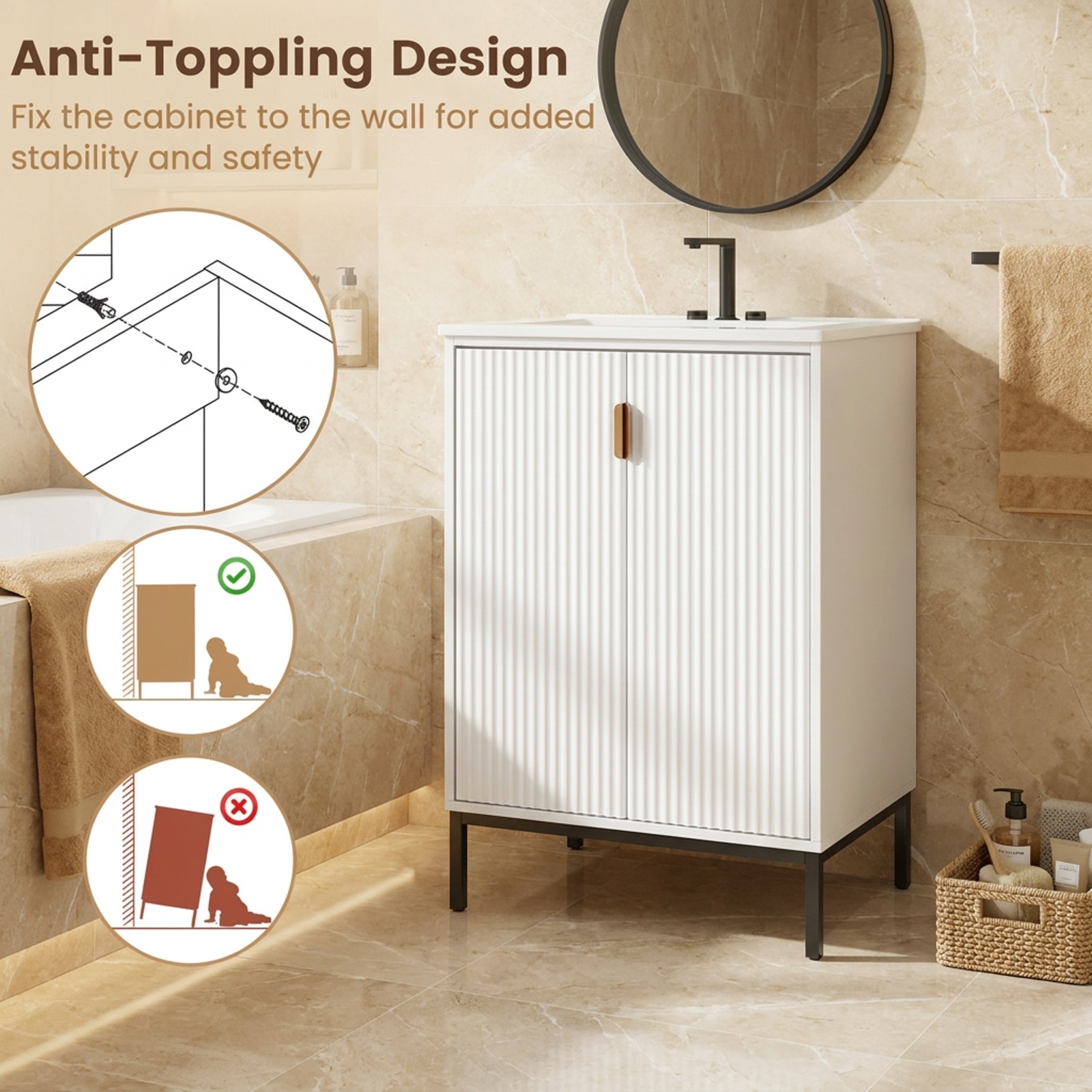 Vebreda Freestanding Bathroom Storage Cabinet, 24 Inch Bathroom Vanity with Sink Combo and Adjustable Shelf, One-piece Ceramic Sink