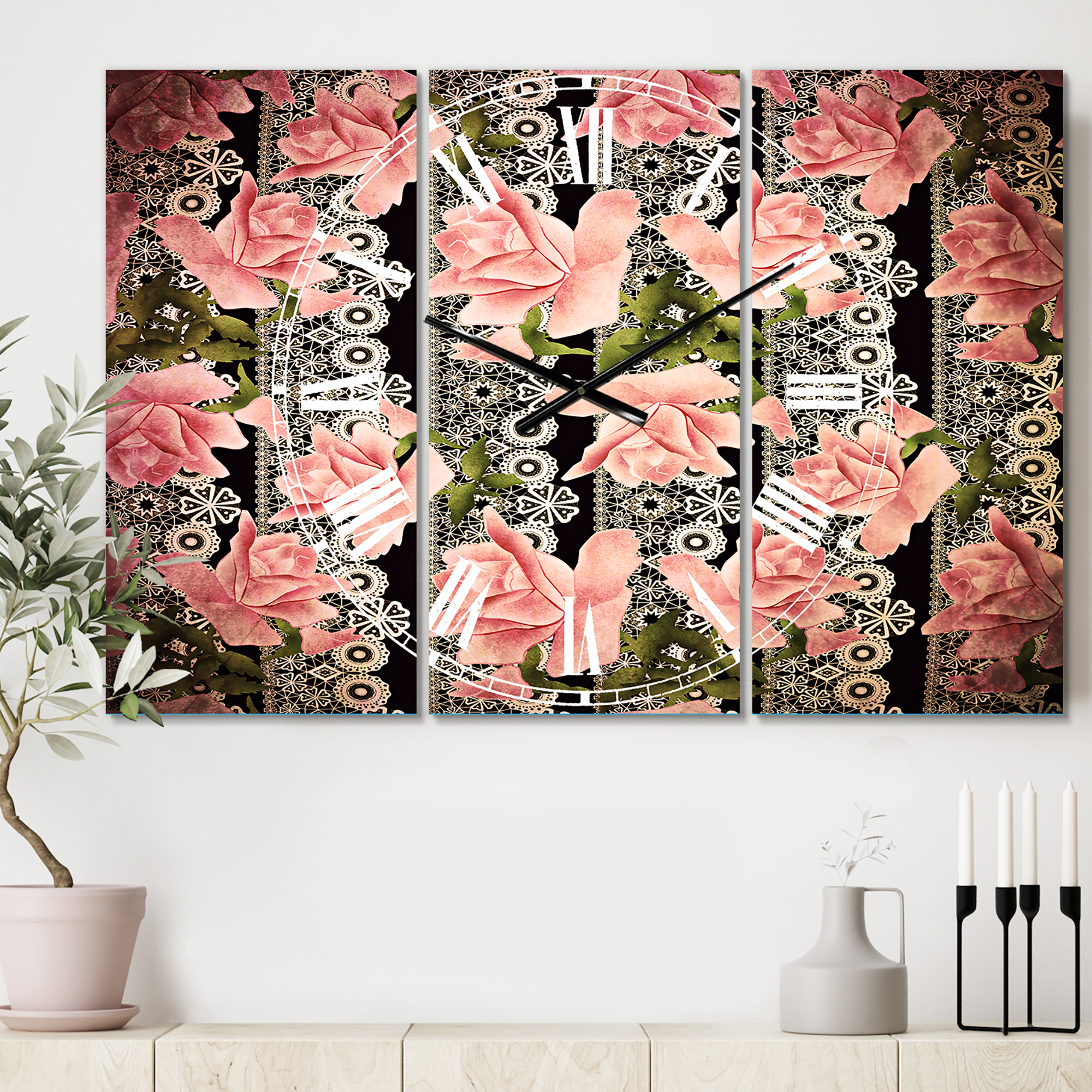 Designart 'Black Lacy Roses Pattern' Traditional Wall Clock