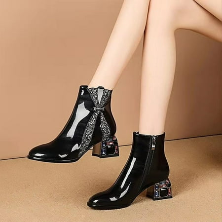 

Women‘s Patent Leather Block Heeled Boots Glitter Faux Crystal Decor Ankle Boots Women‘s Footwear