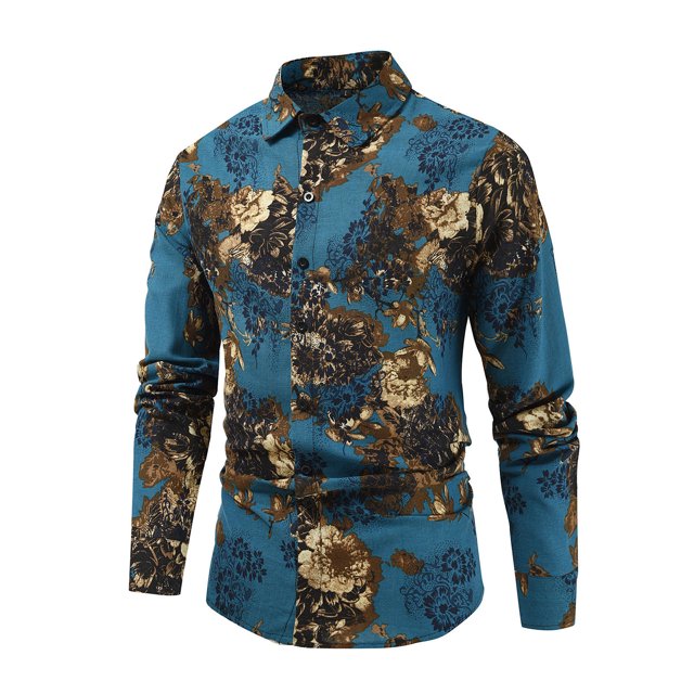 Blusa y camisa de manga larga con cuello vuelto para hombre, blusa informal estampada con botones y manga larga con cuello vuelto, blusa de lino para hombre