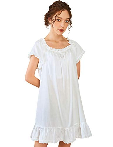 Nanxson Womens' Cotton Nightgown Short Sleeve Sleepwear Vintage Victorian Nightshirt Lounge Dress (Small, White), Women's
