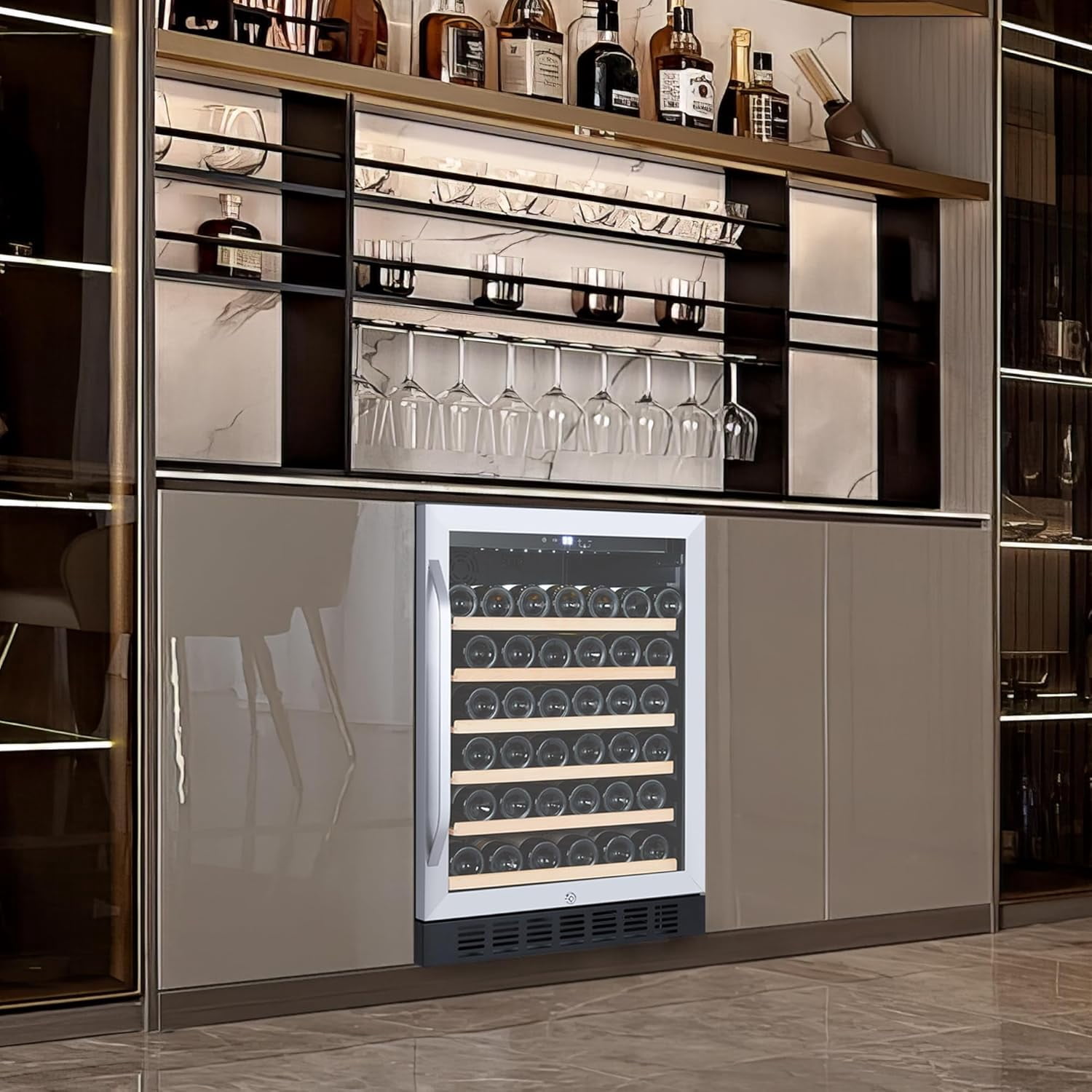 Homhougo Wine Cooler Refrigerator with LED Display - 24 Inch Under Counter Wine Fridge Cabinet, Beverage Cooler with Quiet Compressor & Smart Temperature Control - 46 Bottle Capacity, Black