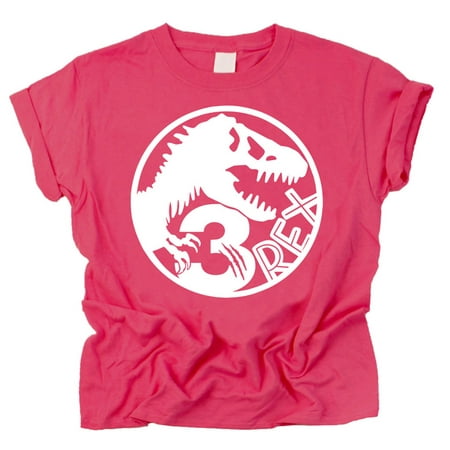 

Three T-Rex Fossil Dinosaur 3rd Birthday T-Shirts for Baby Girls and Boys Third Birthday Outfit Vintage Hot Pink Shirt 4T